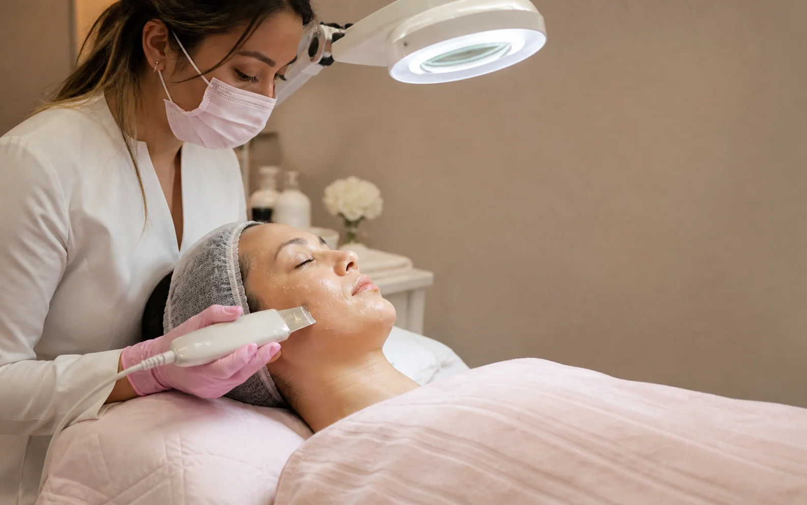 Esthetician performing a European deep cleansing facial with an ultrasonic skin scrubber