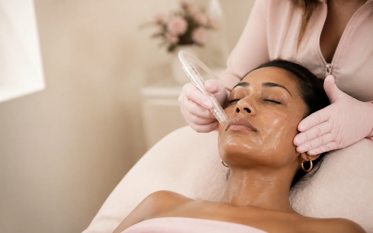 Esthetician using a transparent HydroGlow hydradermabrasion wand on a client’s cheek